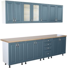 Bucatarie Zebra 260 cm din MDF Albastru cu blat termoizolant artar